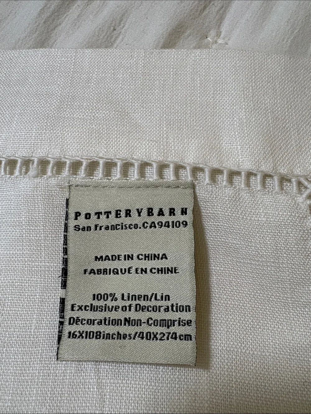 Pottery Barn Belgian Linen Table Runner in Classic Ivory - 16” X 108”